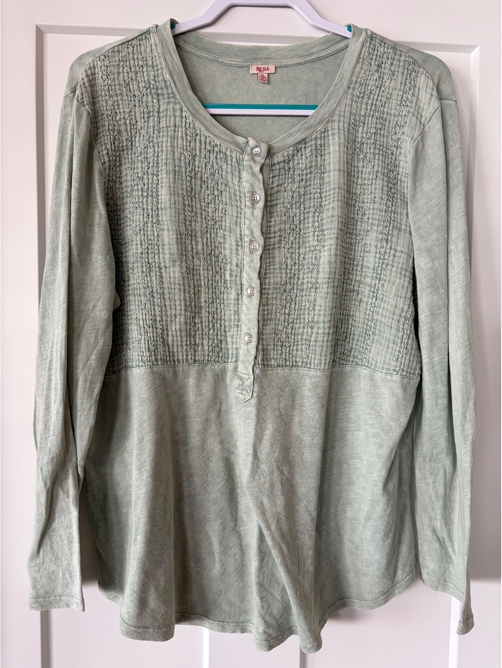Reba Sage Green Embroidered Henley Top — Size XL